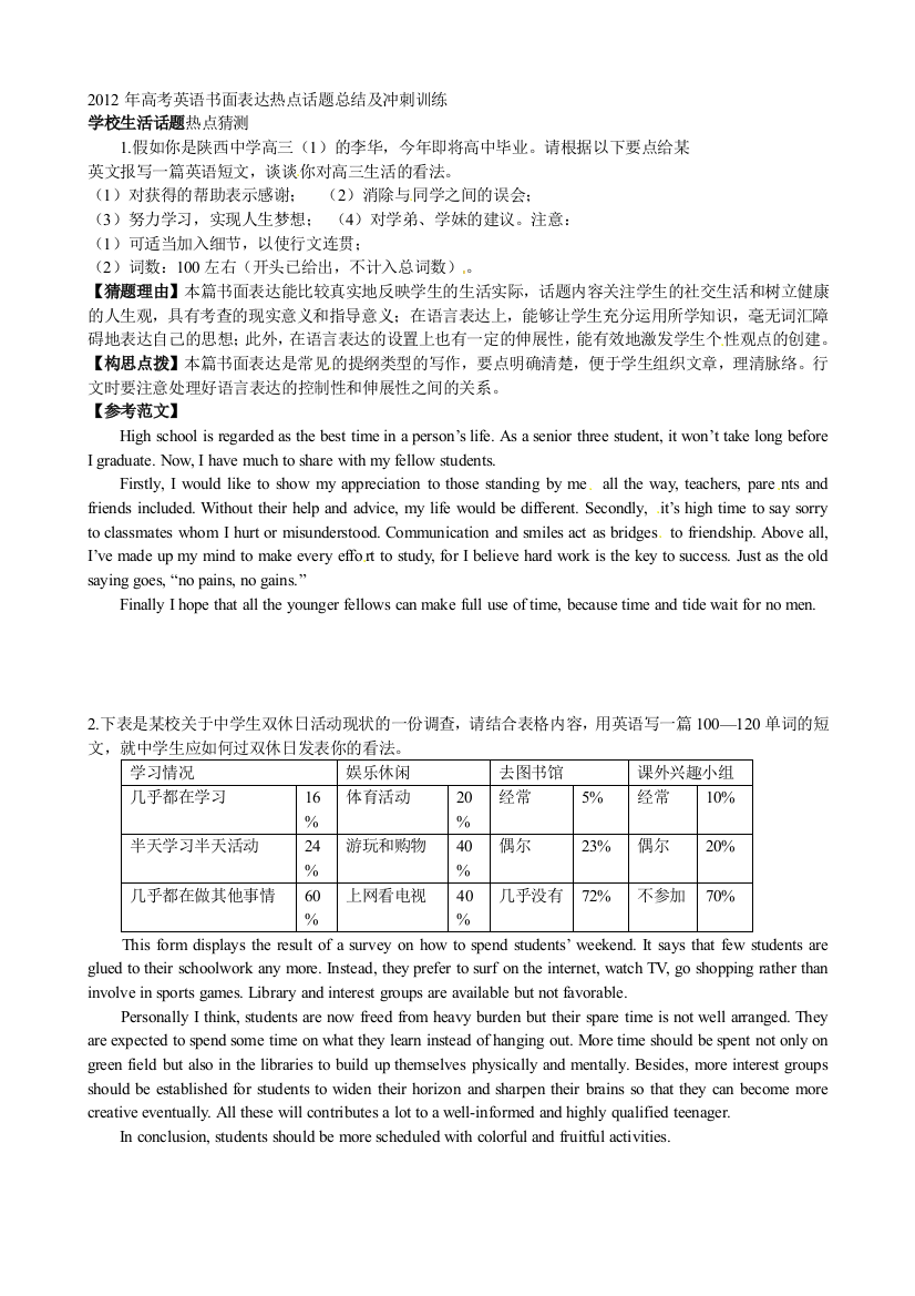 高考英语书面表达热点话题总结及冲刺训练