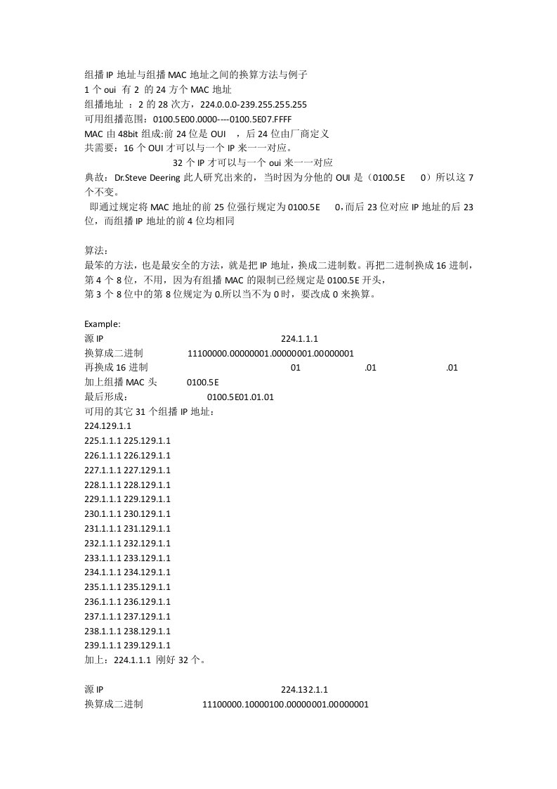 组播ip地址与组播mac地址之间的换算方法与例子