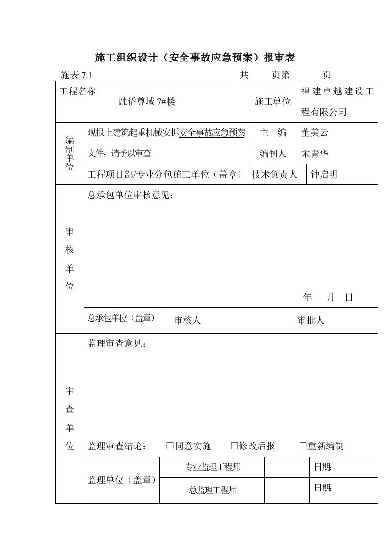 塔吊施工组织设计安全事故应急预案报审表