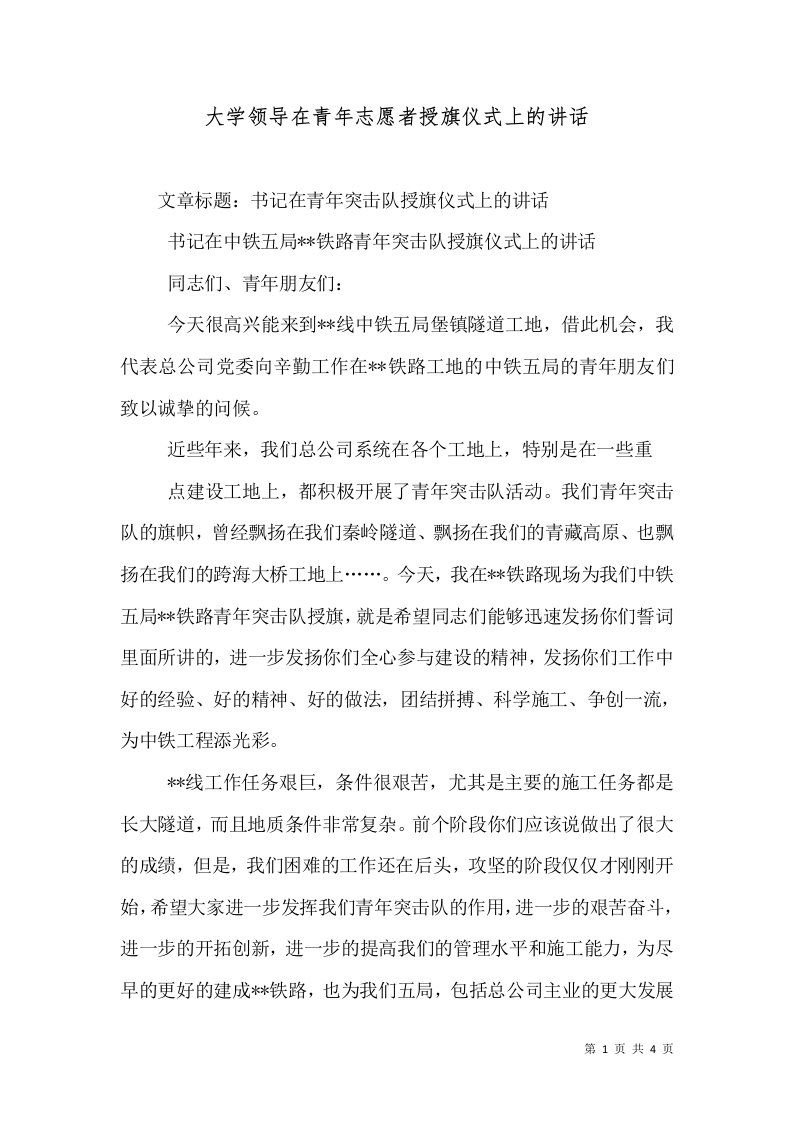 大学领导在青年志愿者授旗仪式上的讲话（十）