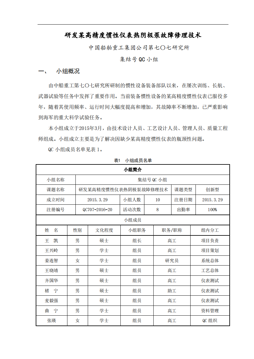 中国船舶重工集团公司第七〇七研究所集结号QC小组