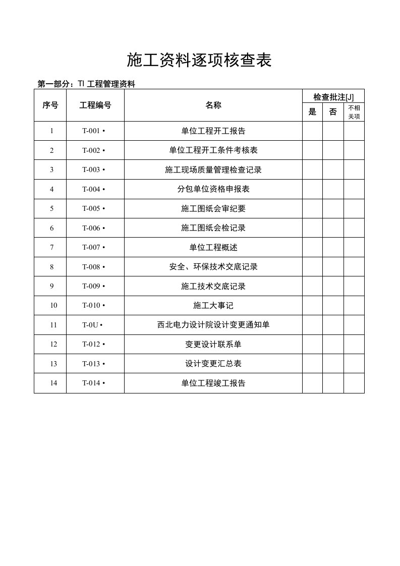 施工资料逐项核查表