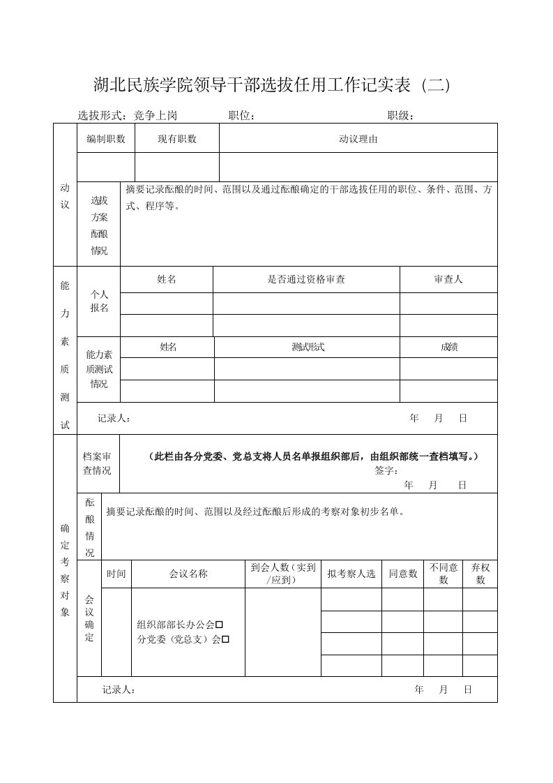 湖北民族学院领导干部选拔任用工作记实表(二)