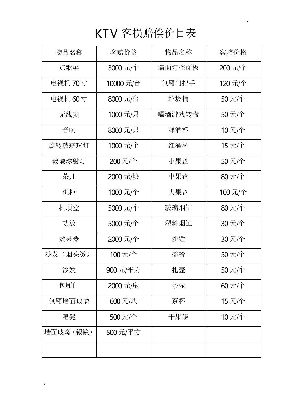 KTV包厢物品赔偿价目表