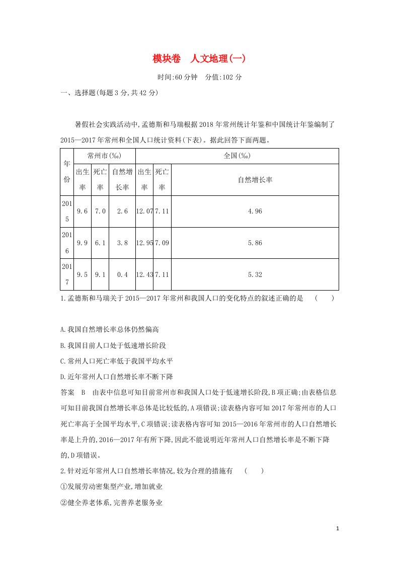 山东专用2022版高考地理一轮复习模块卷人文地理一含解析