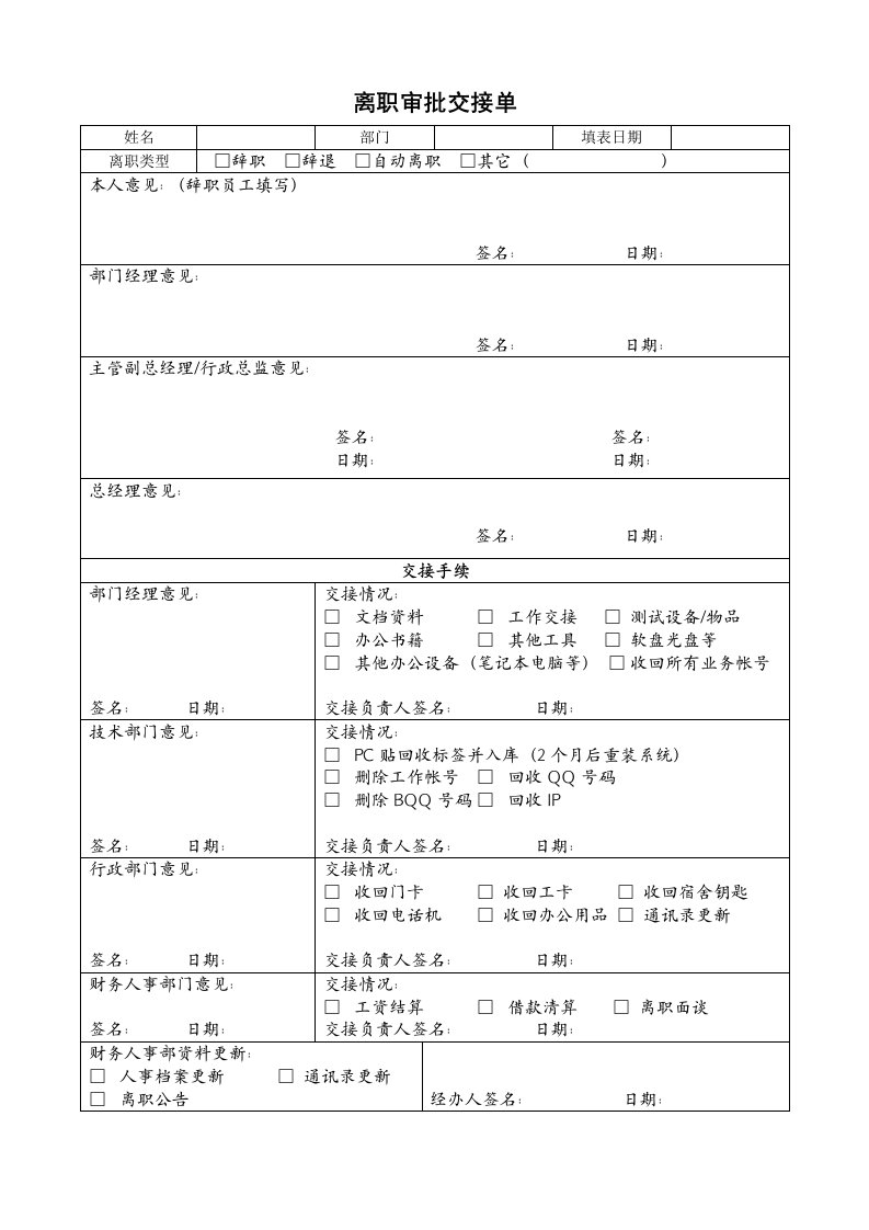 企业管理-HR06离职审批交接单