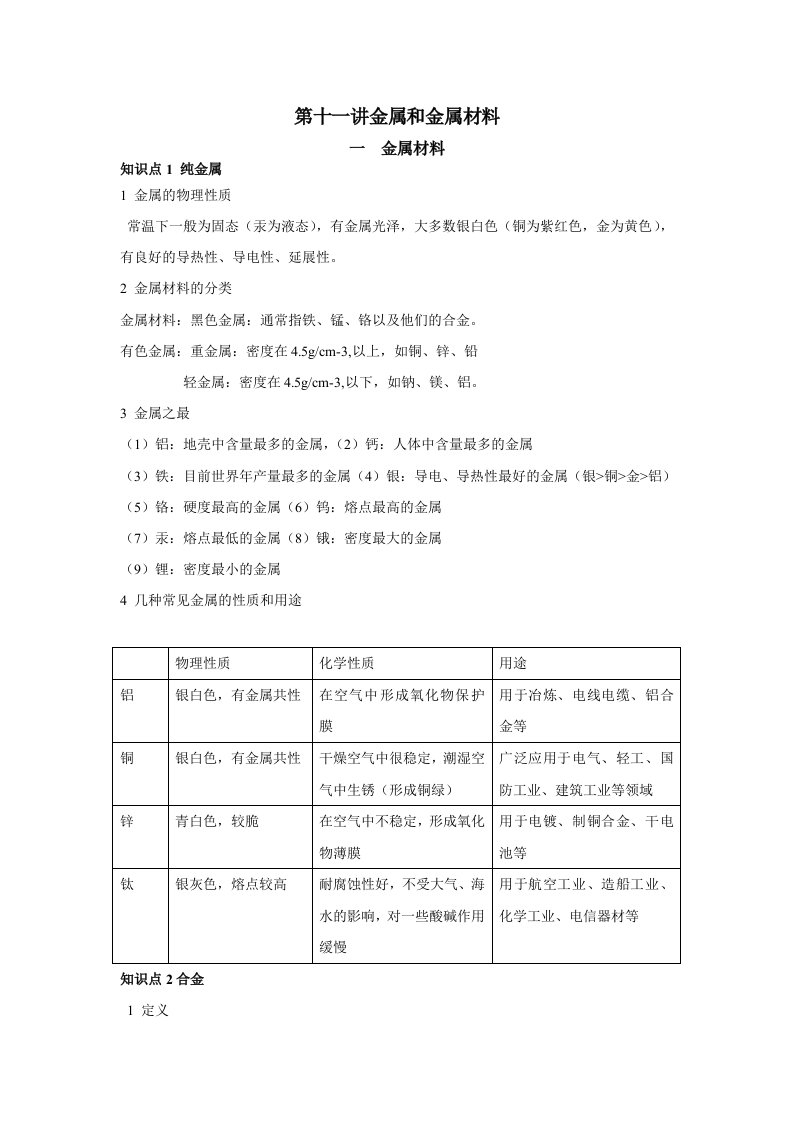 初中化学金属和金属材料