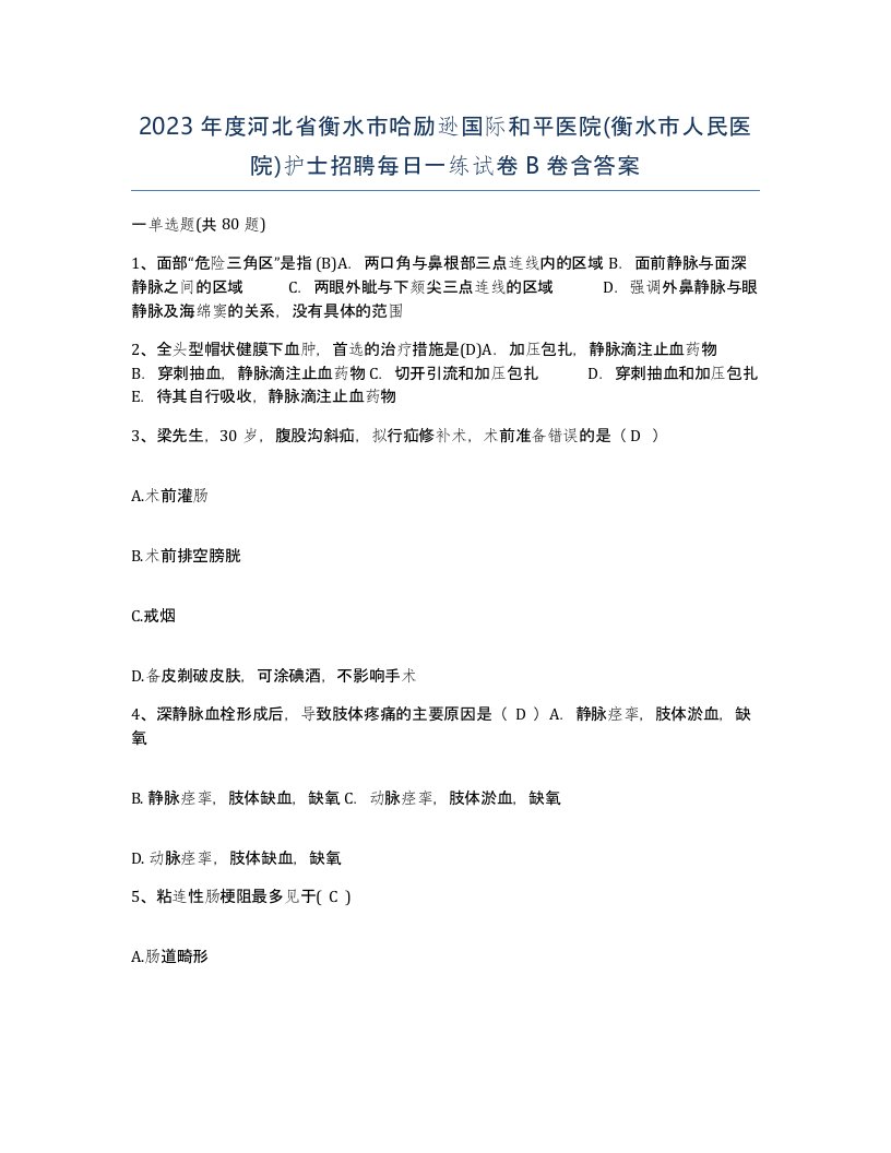 2023年度河北省衡水市哈励逊国际和平医院衡水市人民医院护士招聘每日一练试卷B卷含答案