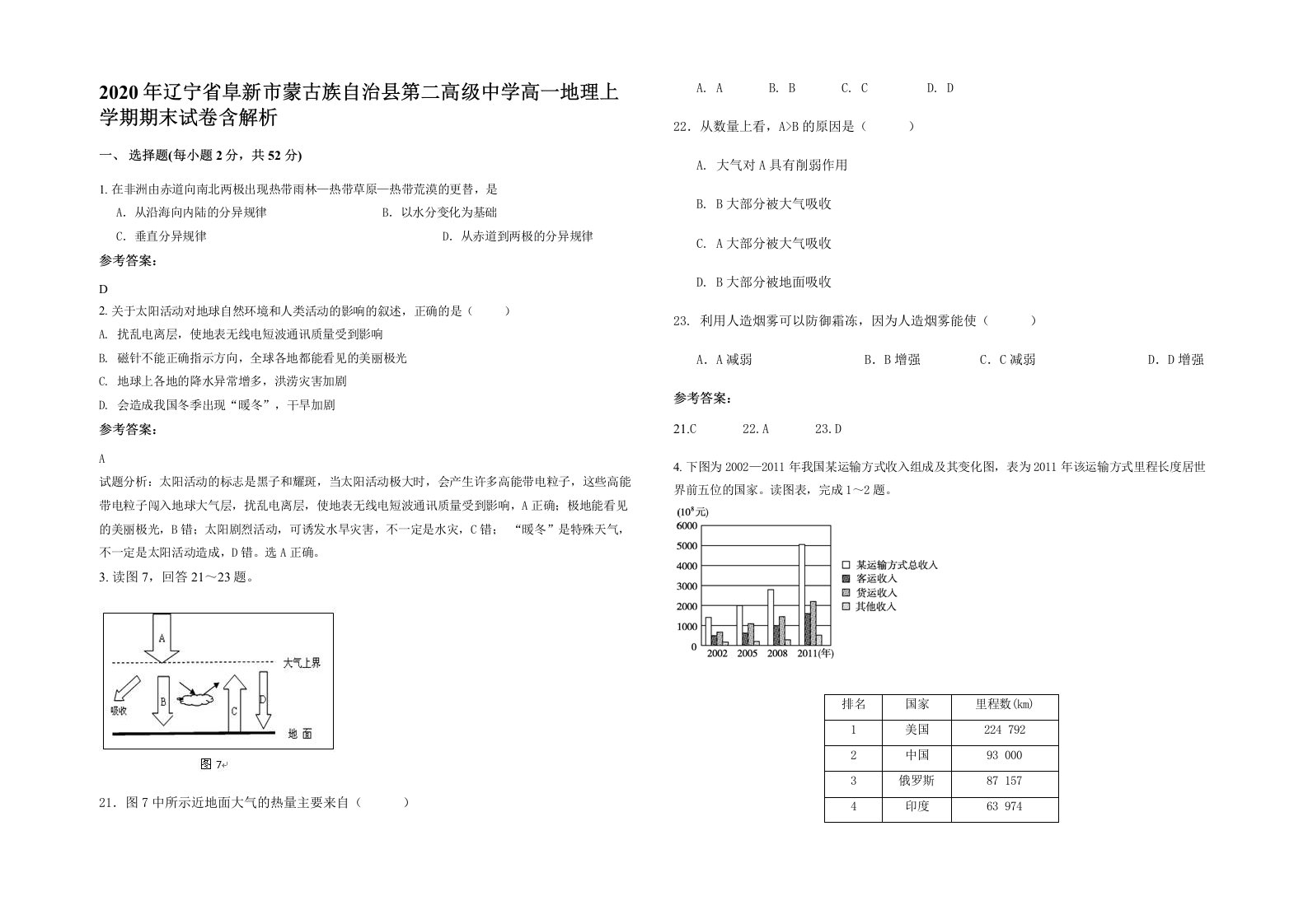 2020年辽宁省阜新市蒙古族自治县第二高级中学高一地理上学期期末试卷含解析