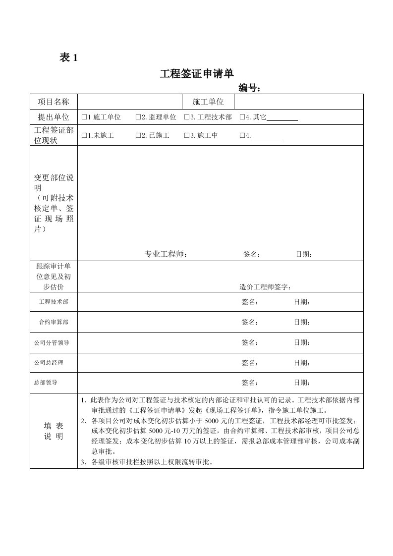 表格模板-表1工程签证申请单工程部制单填写