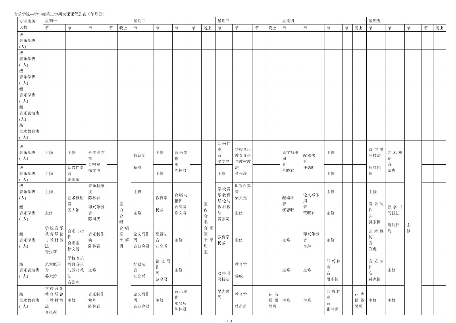 音乐学院—学年度第二学期大课课程总表