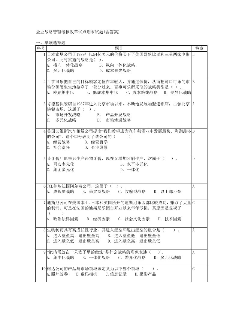 企业战略管理复习题及答案