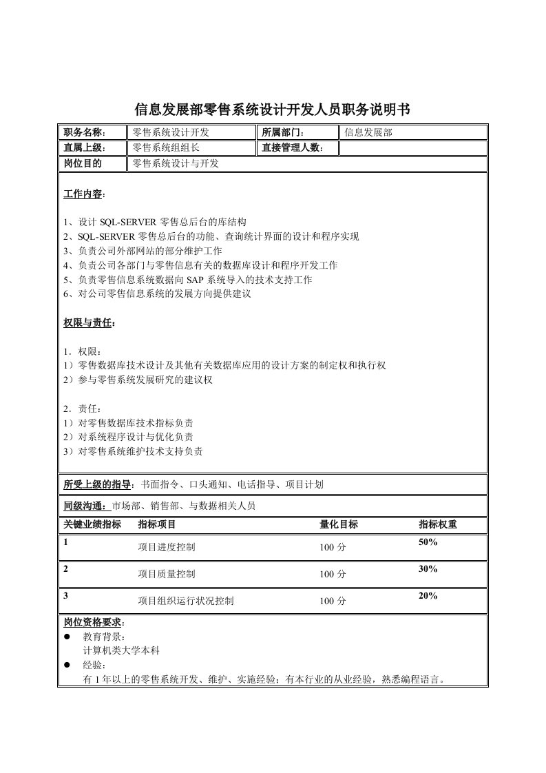 零售行业-体育用品行业信息发展部零售系统设计开发人员岗位说明书