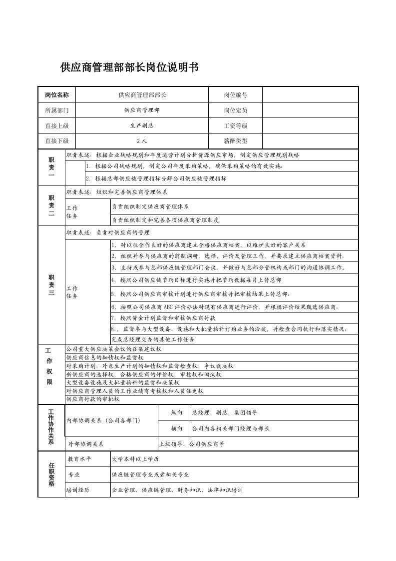 供应商管理部部长岗位说明书