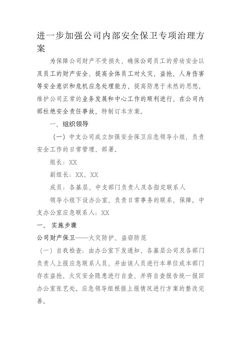 公司治理-进一步加强公司内部安全保卫专项治理方案