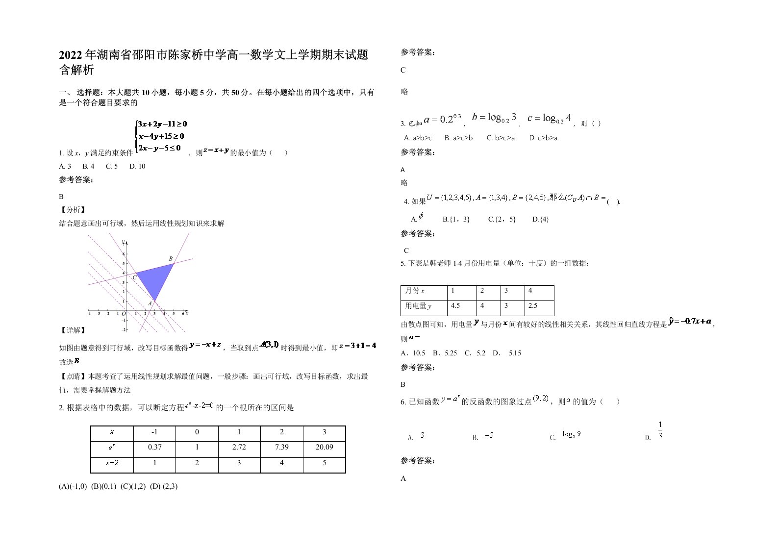 2022年湖南省邵阳市陈家桥中学高一数学文上学期期末试题含解析