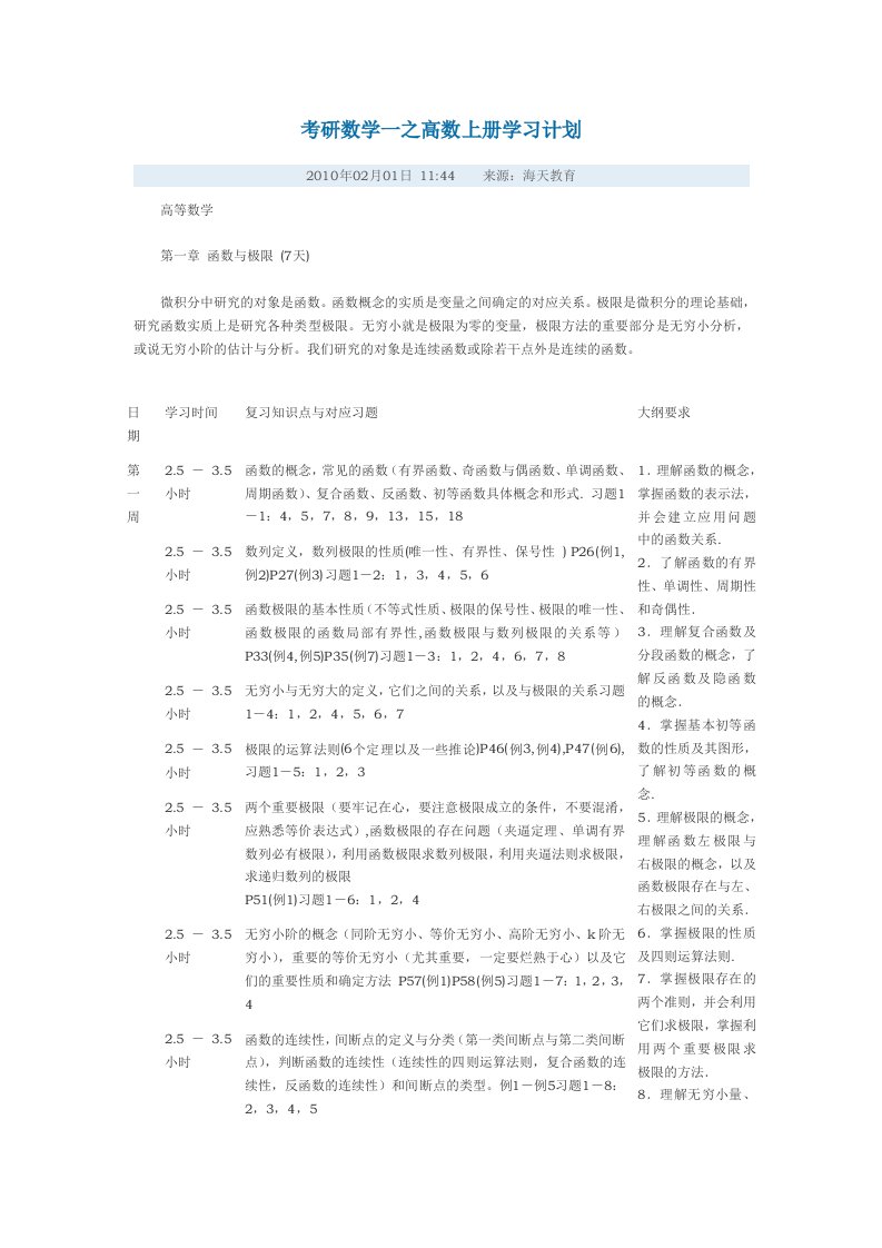 考研数学一之高数上册学习计划