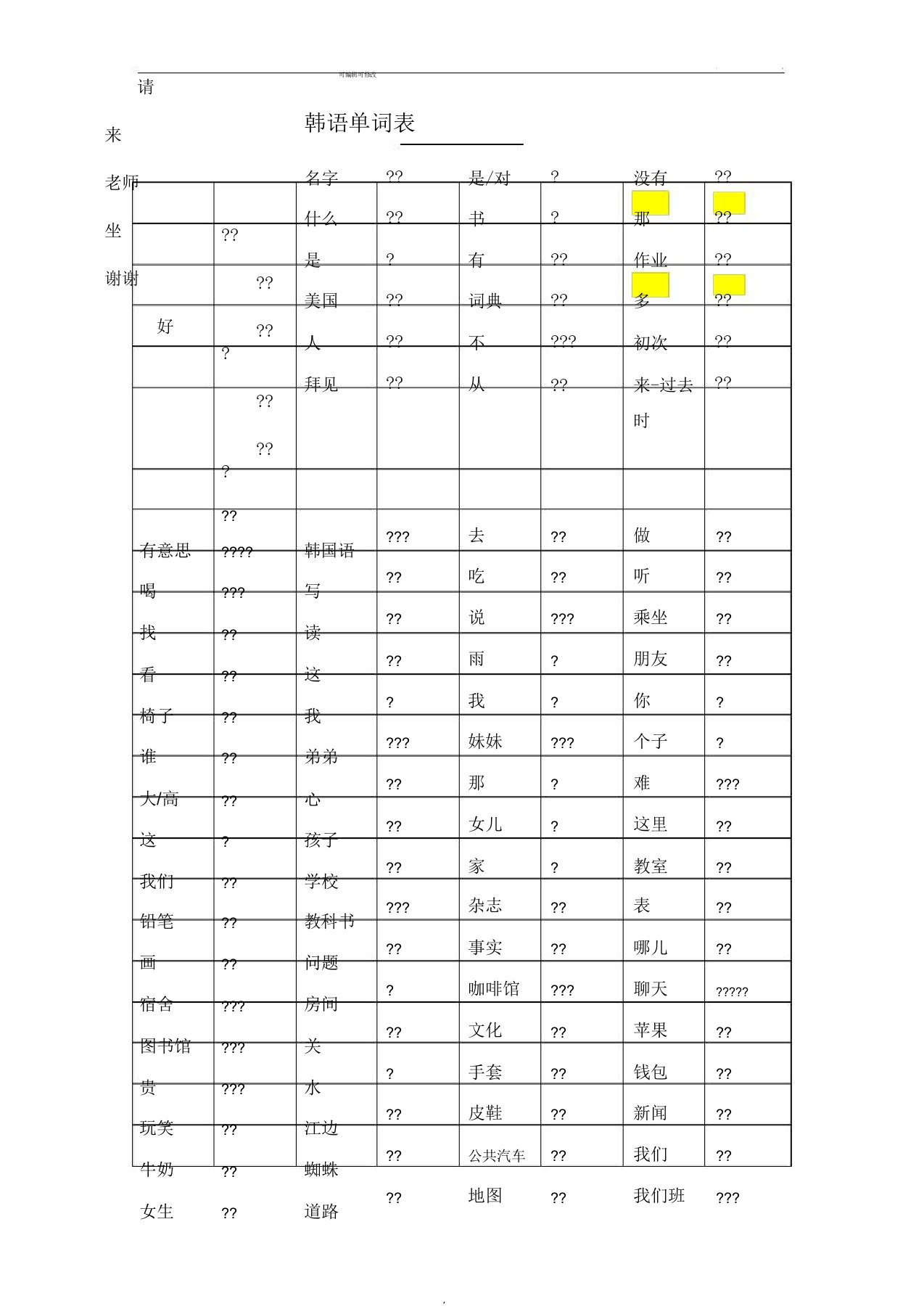 韩语单词表格初级