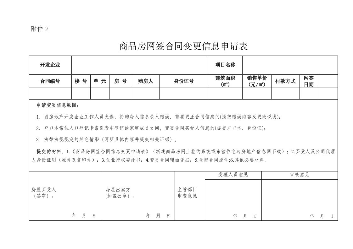 商品房网签合同变更信息申请表