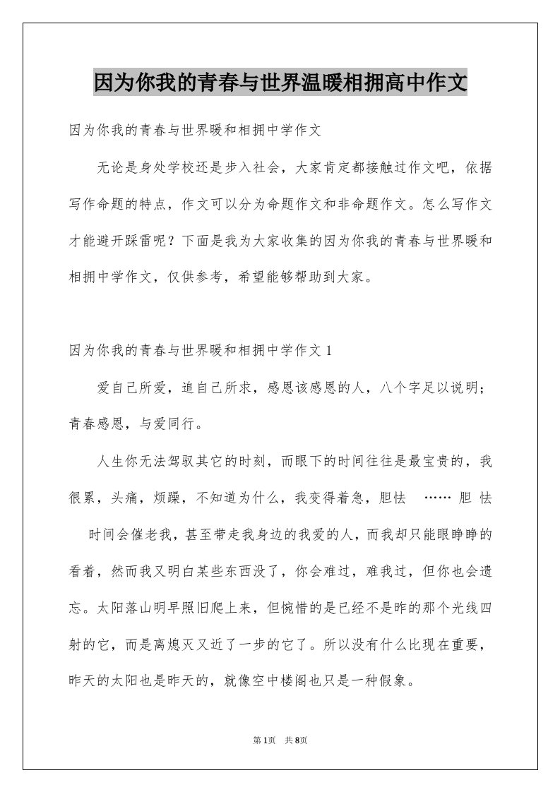 因为你我的青春与世界温暖相拥高中作文例文