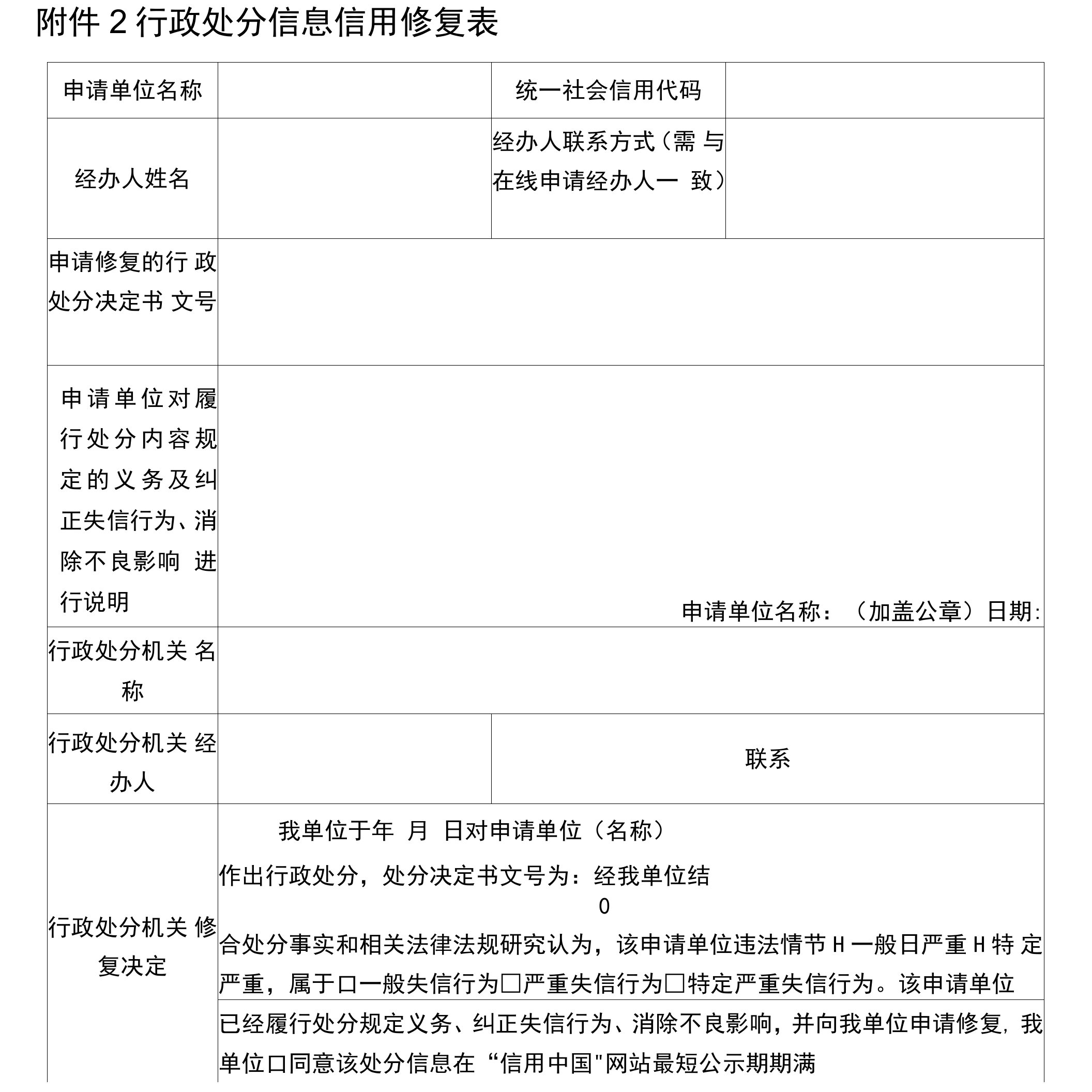 行政处罚信息信用修复表