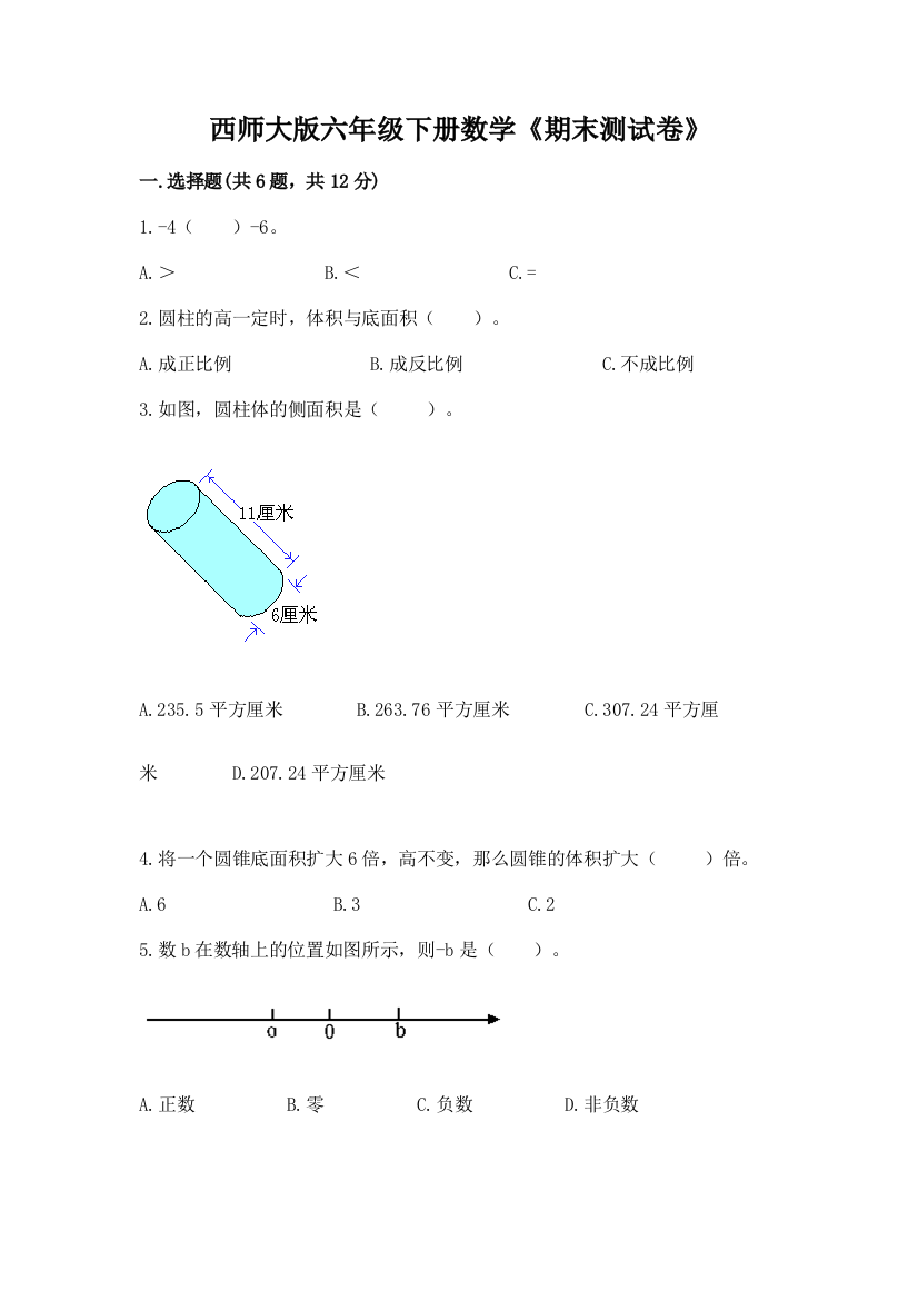 西师大版六年级下册数学《期末测试卷》精品(必刷)