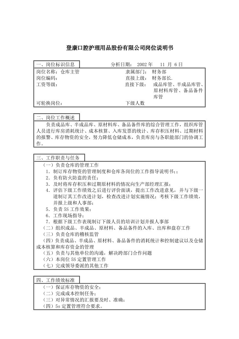 登康口腔护理用品股份有限公司仓库主管岗位说明书