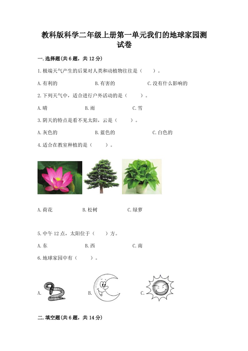 教科版科学二年级上册第一单元我们的地球家园测试卷可打印