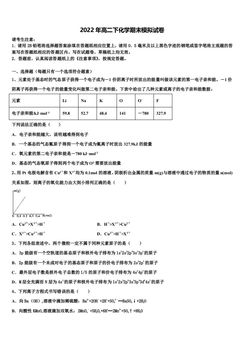 江苏省南京市溧水区第二高级中学、第三高级中学等三校联考2021-2022学年化学高二第二学期期末调研试题含解析