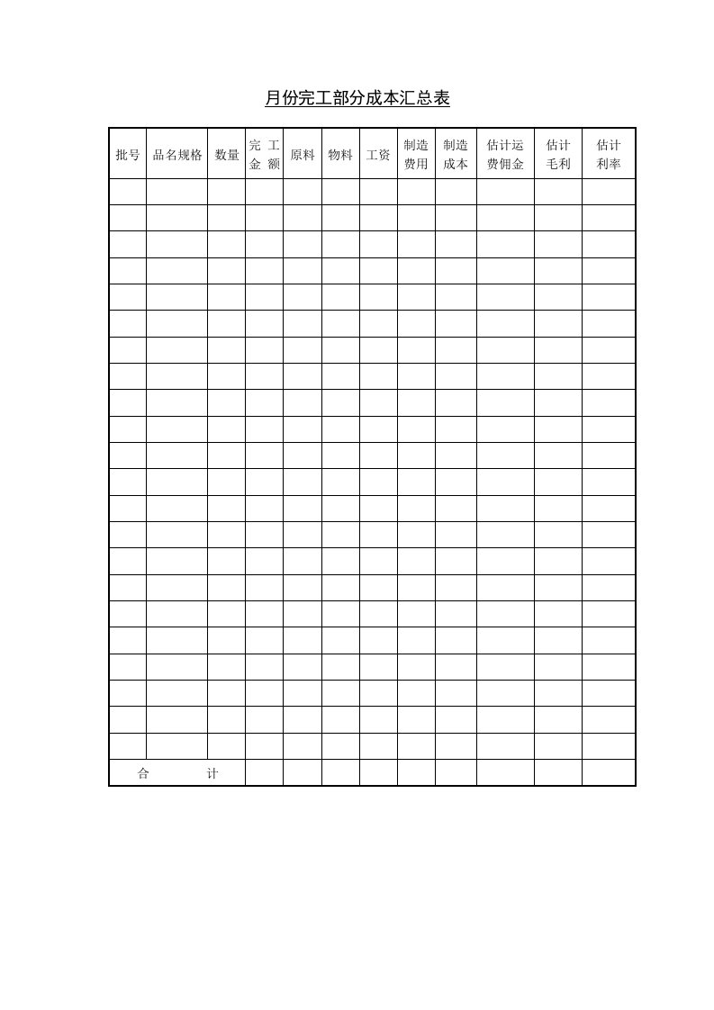 月份完工部分成本汇总表