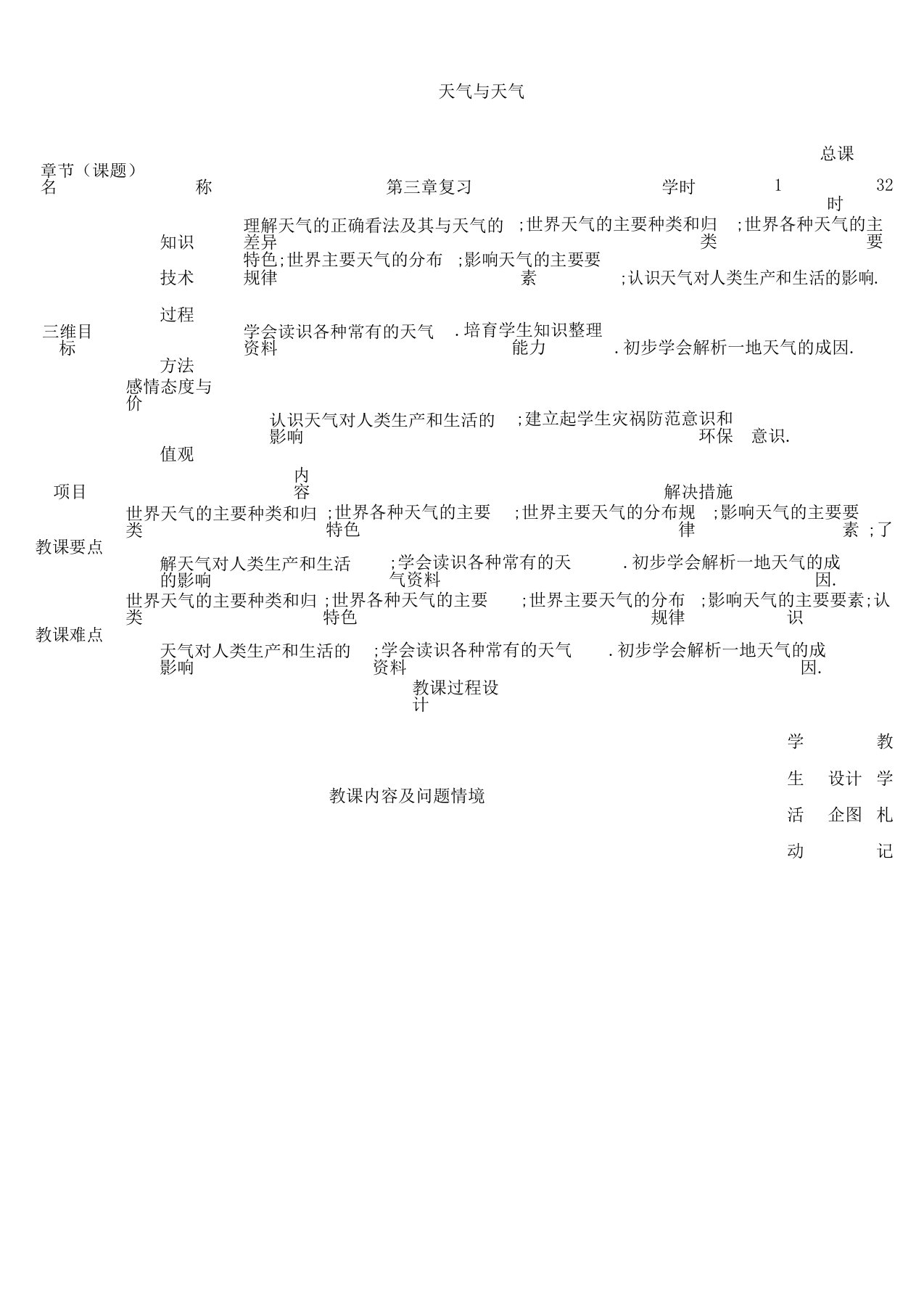 七年级地理上册第三章天气及气候复习计划教案新人教版