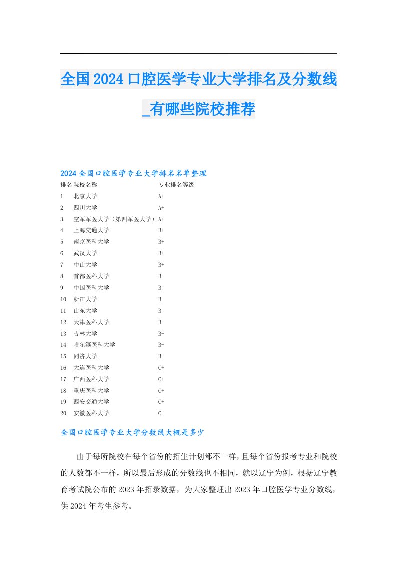 全国2024口腔医学专业大学排名及分数线_有哪些院校推荐