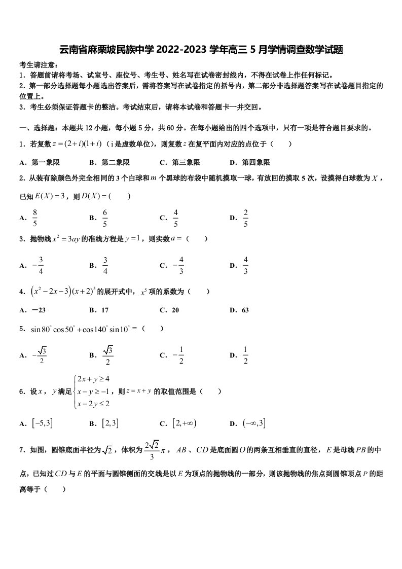 云南省麻栗坡民族中学2022-2023学年高三5月学情调查数学试题