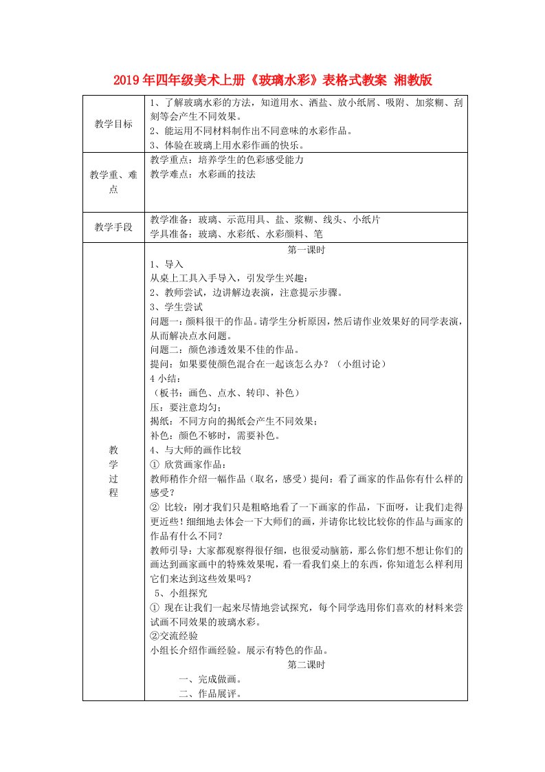 2019年四年级美术上册《玻璃水彩》表格式教案