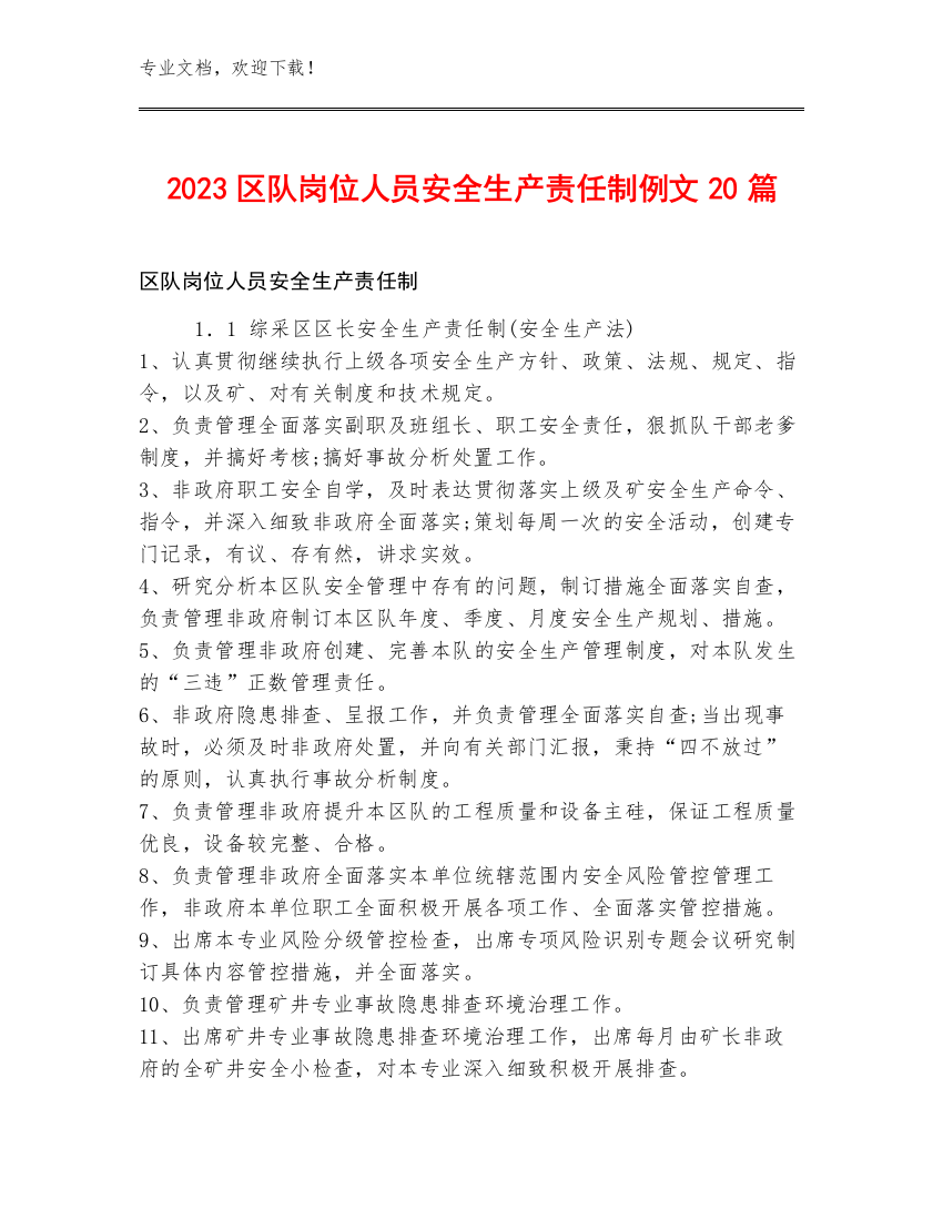 2023区队岗位人员安全生产责任制例文20篇