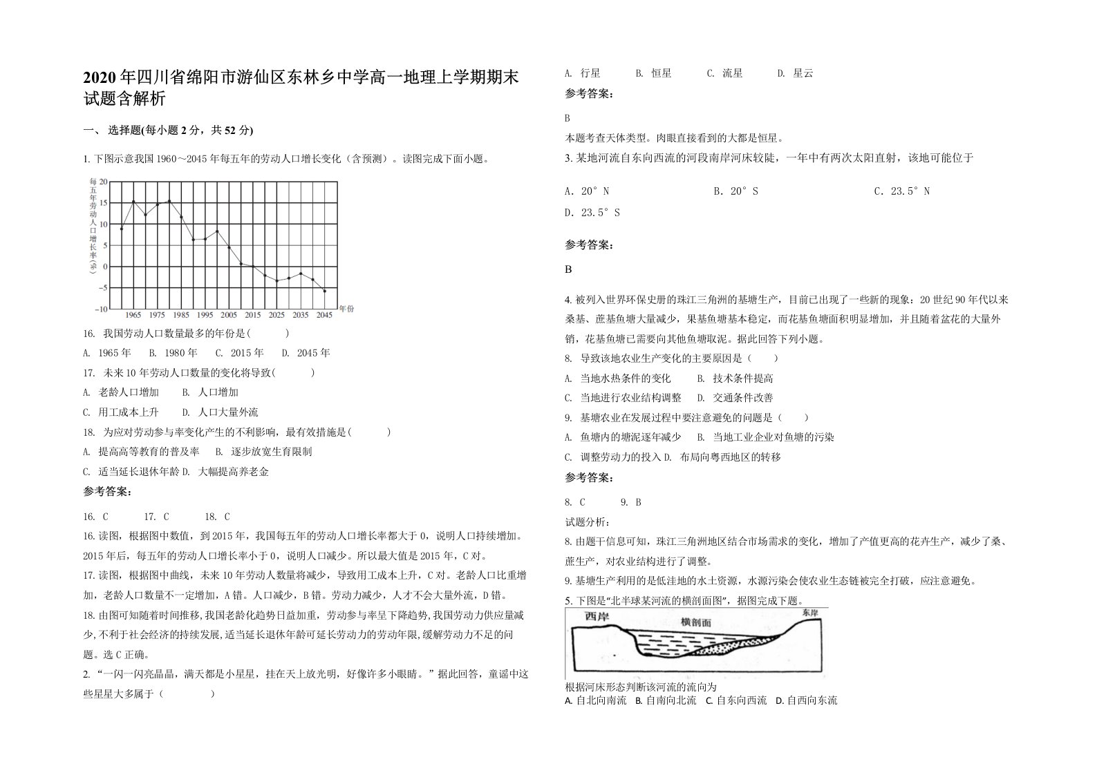 2020年四川省绵阳市游仙区东林乡中学高一地理上学期期末试题含解析