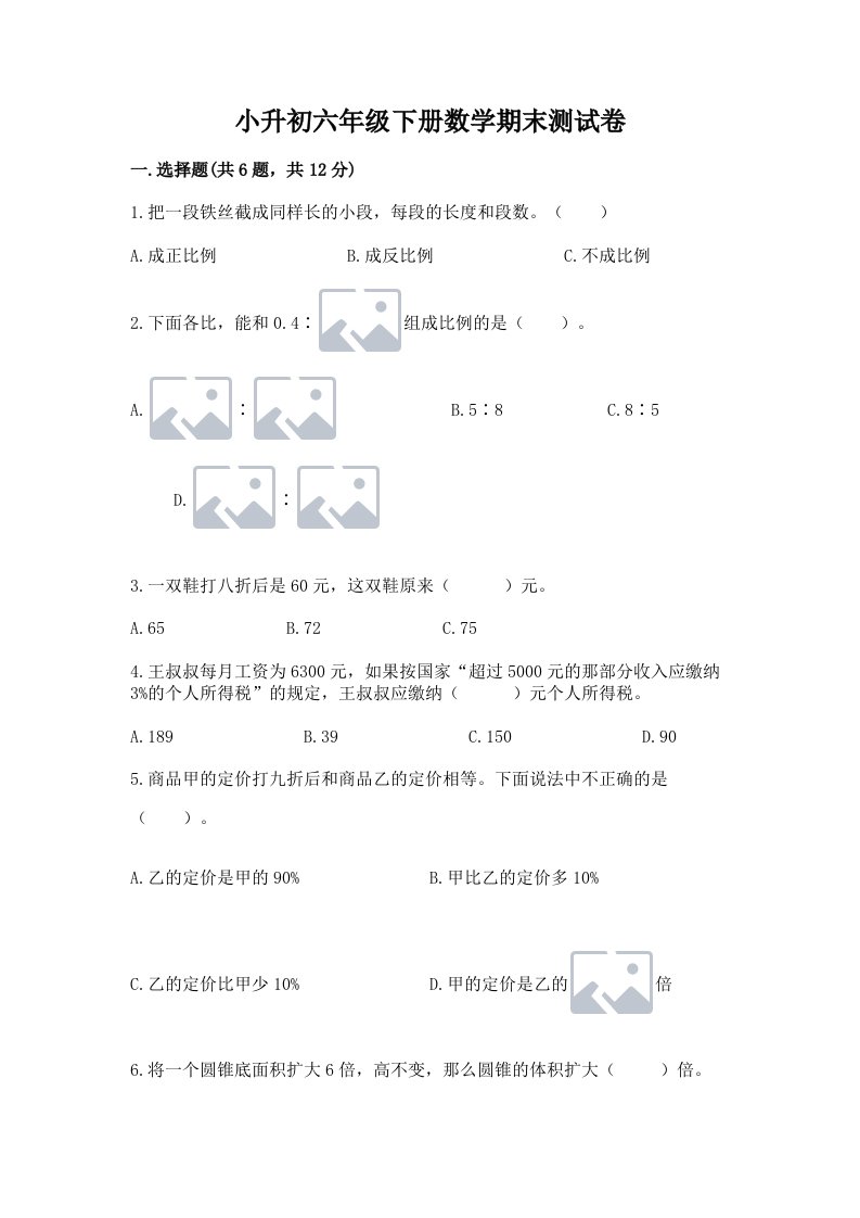 小升初六年级下册数学期末测试卷（各地真题）