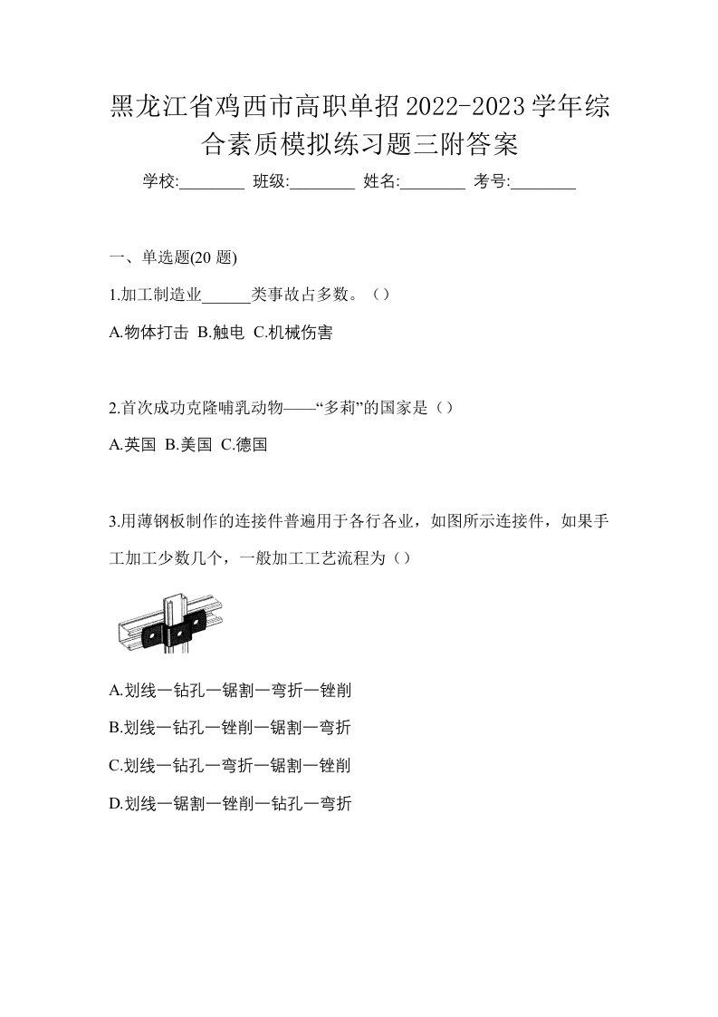 黑龙江省鸡西市高职单招2022-2023学年综合素质模拟练习题三附答案