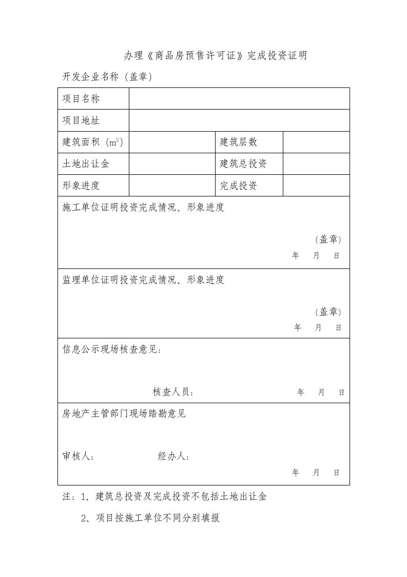 办理《商品房预售许可证》完成投资证明