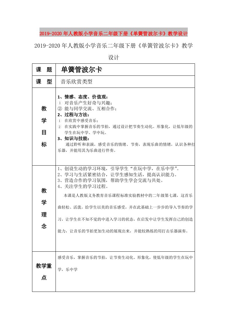 2019-2020年人教版小学音乐二年级下册《单簧管波尔卡》教学设计