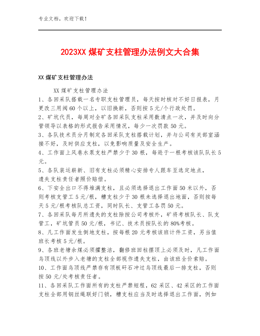 2023XX煤矿支柱管理办法例文大合集