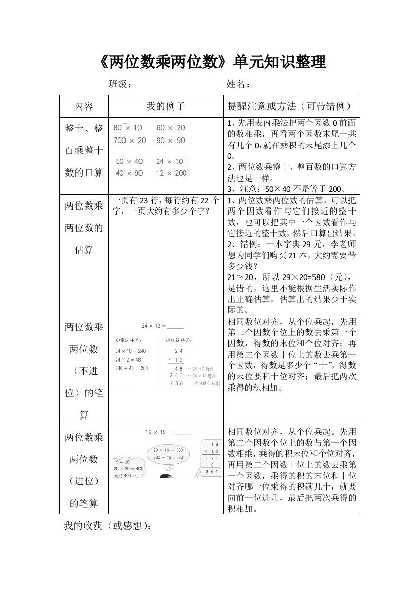 《两位数乘两位数》单元知识整理