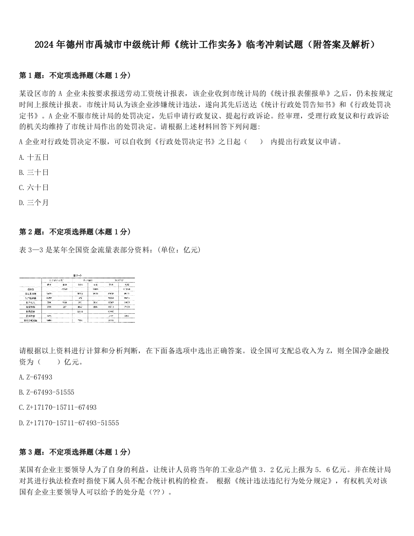 2024年德州市禹城市中级统计师《统计工作实务》临考冲刺试题（附答案及解析）