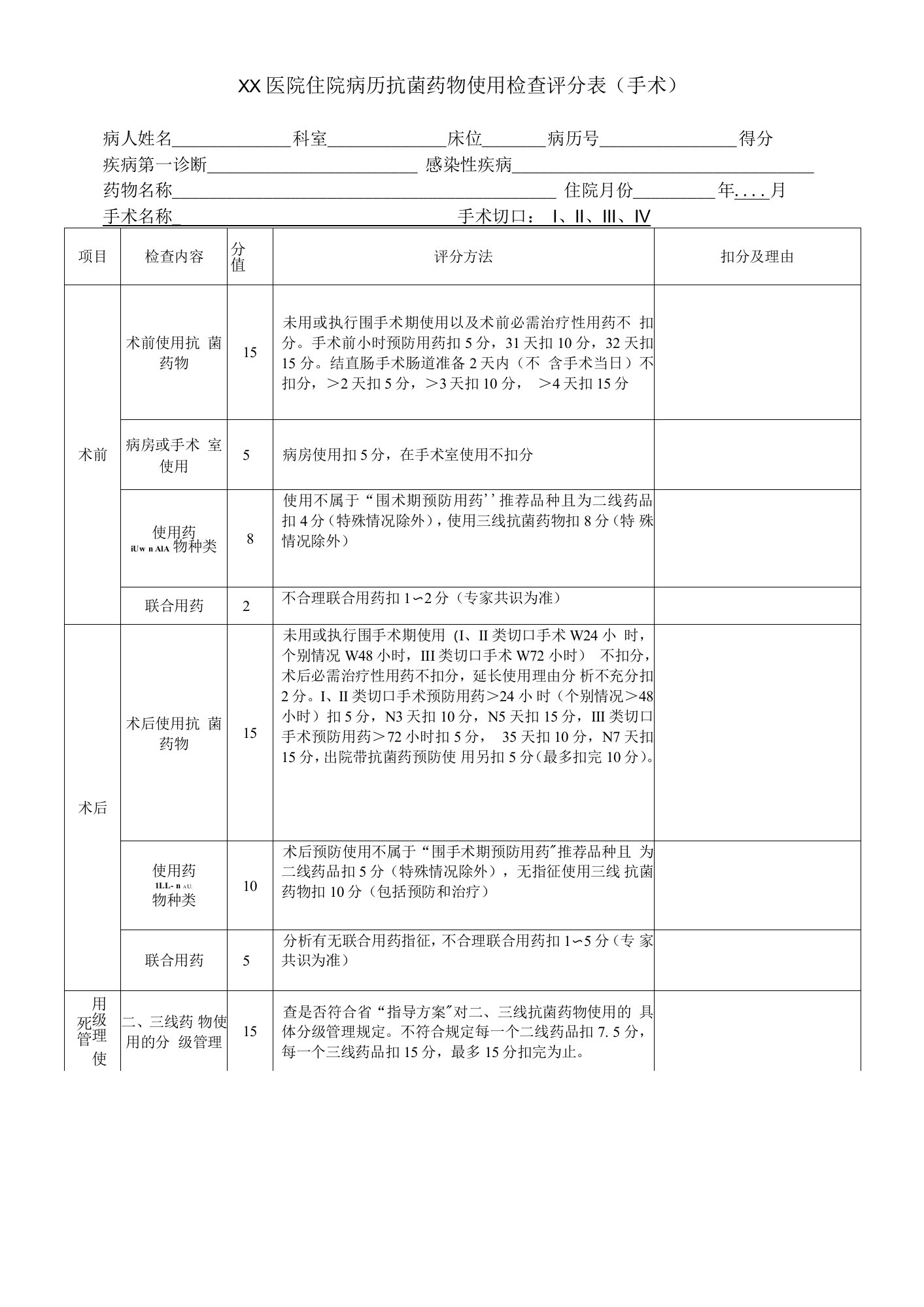 住院病历抗菌药物使用检查评分表（手术）