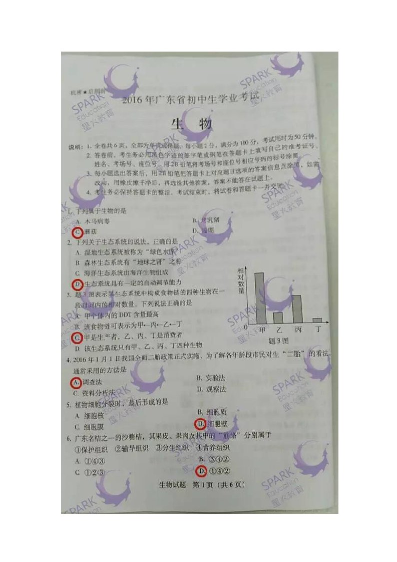 2016年生物地理中考真题及答案