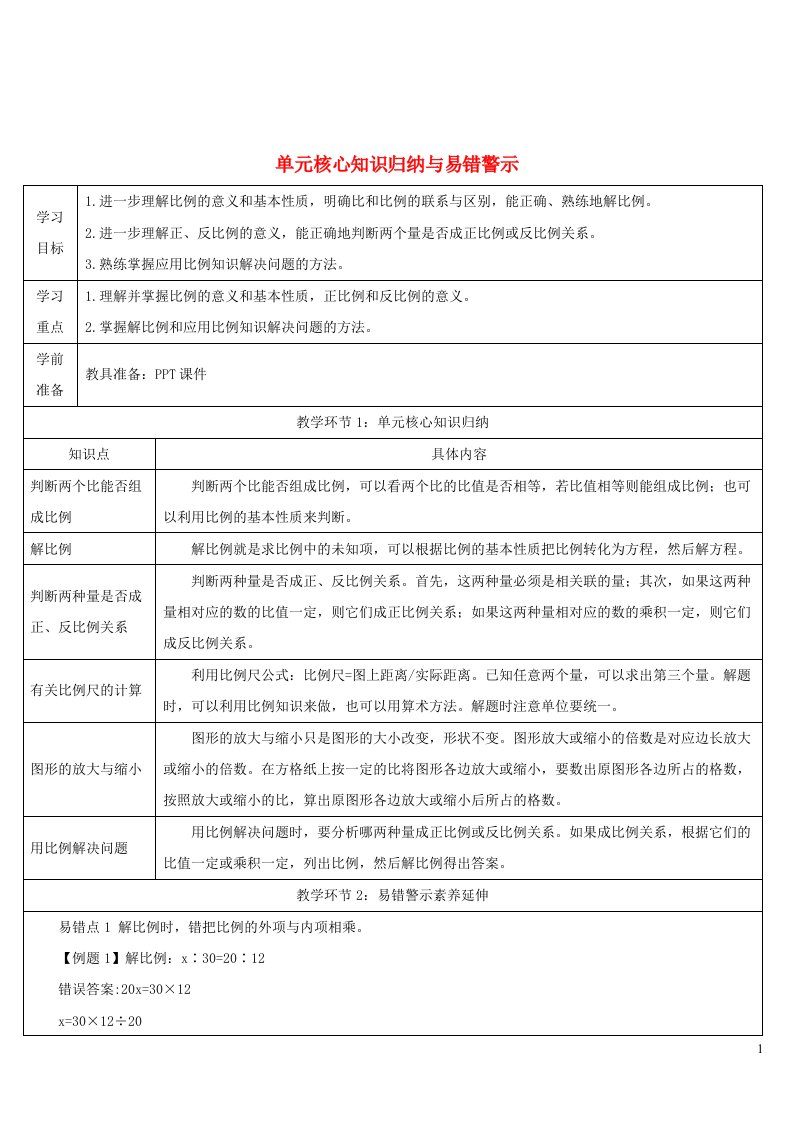 2023六年级数学下册第4单元比例单元核心知识归纳与易错警示导学案新人教版