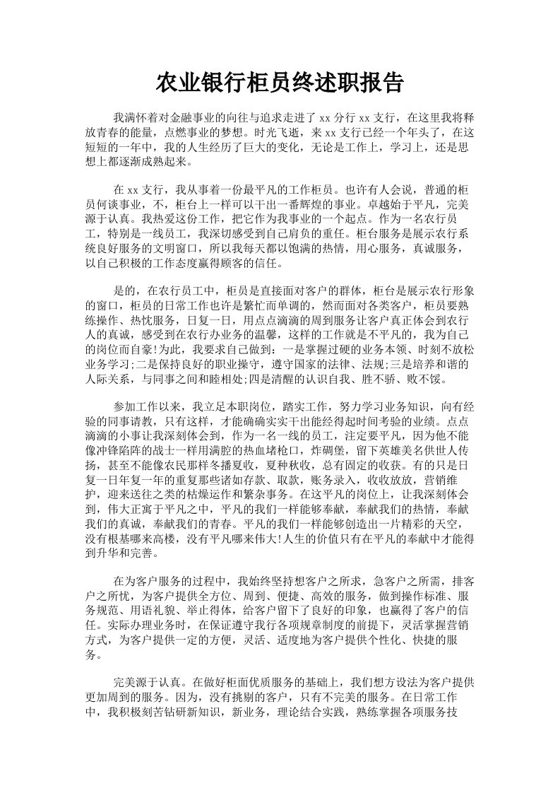 农业银行柜员终述职报告