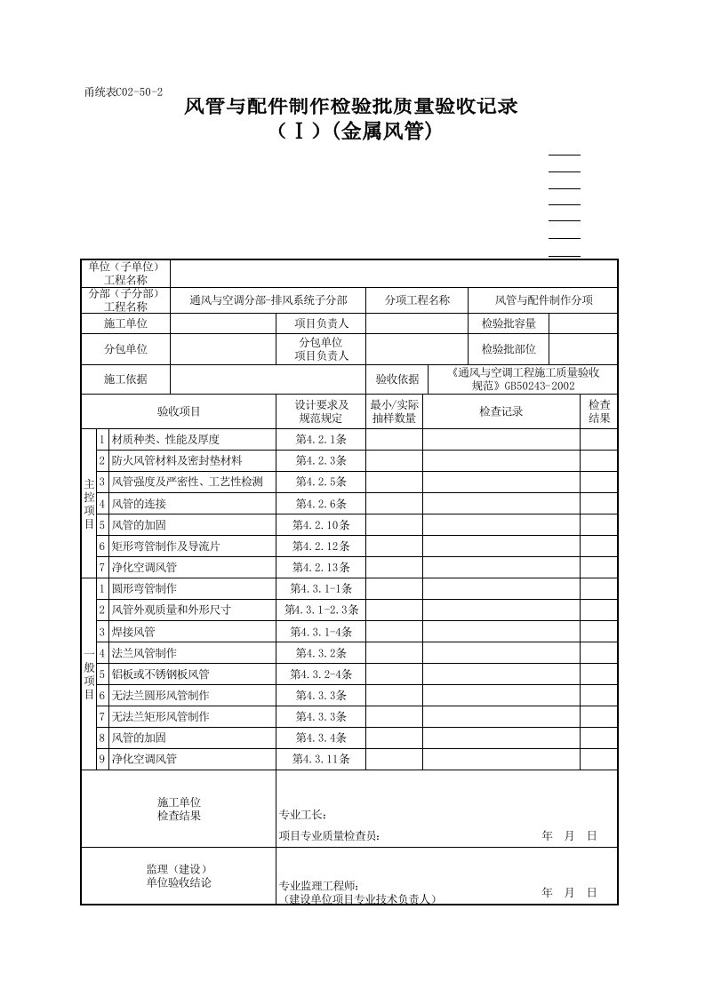 风管与配件制作检验批质量验收记录(Ⅰ)(金属风管)