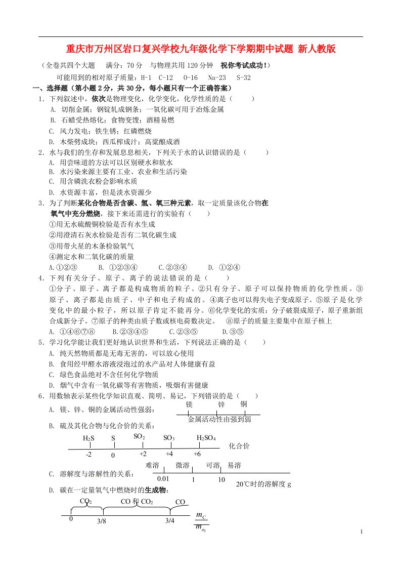 重庆市万州区校九级化学下学期期中试题