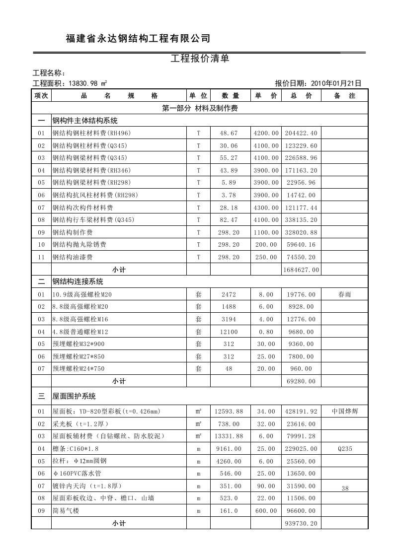 钢结构厂房报价单